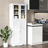 COSTWAY Credenza da Cucina, Dispensa da Cucina con Doppia Porta in Vetro Temperato, Armadio Salvaspazio con Anta Profonda a 14 Ripiani, per Soggiorno, Sala da Pranzo e Bagno, 60 x 32 x 161cm (Bianco)