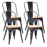Duhome 4x Sedia da sala da pranzo in metallo ferro con schienale stile vintage impilabile design industriale 666, colore:nero + legno chiaro, materiale:metallo