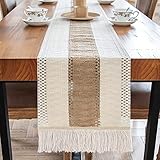 Runner Tavola Moderno in Lino Di Cotone, Runner per il Tavolo con Nappa, Boho Vintage, per Matrimoni, Compleanno, Battesimi e Tutte le Celebrazioni, Kaki, 30 × 180 Cm(con Nappe) (Cachi)