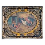 Quadro Dipinto a Mano – Olio su Tela – Cornice Ovale 54x44 cm – Stile Fiammingo – Gallo e Galline nel Cortile – Ideale per Soggiorno o Ufficio – Made in Italy