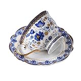 fanquare Tazza di caffè e Piattino in Bone China di Fiori Blu, Vintage Tazza da tè in Porcellana, 200 ml