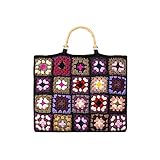 UOXOO Borsa Da Donna In Tessuto Scozzese A Contrasto Nonna, Borsa A Mano All'uncinetto In Filo Di Cotone Fatto A Mano, Borsa A Tracolla In Bambù