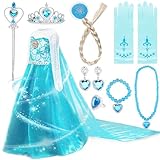 Amzeeniu Vestito Frozen Bambina, 11pcs Elsa Costume Con Corona/Bacchetta/Guanti/Treccia/Orecchini/Anello, Set Da Principessa Cosplay Party Halloween Carnevale 130