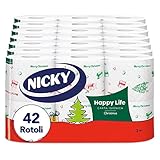 Nicky Happy Life Christmas - Carta Igienica Natalizia, 42 Rotoli da 170 Strappi, a 3 Veli, Apertura Facilitata, 4 Fantasie con Decori Natalizi, Morbida e Resistente, Allegra e Festiva, Carta FSC