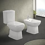 Coppia di sanitari monoblocco con scarico a pavimento e cassetta in ceramica, copriwc originale modello avvolgente, GINEVRA