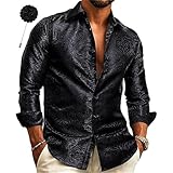 Camicia da uomo jacquard in seta con motivo cachemire, a maniche lunghe, per il tempo libero, per la spiaggia, per il Western Dress casual, per discoteca, per feste, abbigliamento leggero, P nero