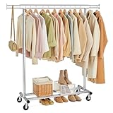 SONGMICS Stand Appendiabiti con Ruote, Attaccapanni Estensibile per Carichi Pesanti, Portata Totale 100 kg, 45 x (92-132) x 161,5 cm, Facile da Montare e Spostare, Argento HSR13S