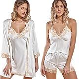Laura in - Pigiama da Donna in Raso setoso, Tinta Unita, Lingerie Pigiami con Pizzo, Set da 5 Pezzi Robe Accappatoio, Camicie da Notte, Top, Pantaloni, Pantaloncini. BiancoL 1103