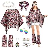 AOOWU Costume Hippie Donna, 9 Pezzi Stile Vintage Anni 60 Anni 70 Hippie Accessori, con Occhiali Fascia per Capelli Anni con Copristivali, Costume Carnevale Halloween