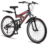 Licorne Bike Strong V (nero/blu/arancione) mountain bike da 24 pollici full MTB, leva del cambio a 21 velocità adatta per 8,9,10,11, sospensione completa, bici per bambini