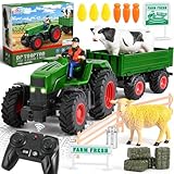 FRUSE Trattore Giocattolo per Bambini, Trattore Telecomandato 2,4 GHz con Rimorchio,2 Batterie Ricaricabili e Luci,Fattoria Animali Bambini con Mucche e Pecore, Giochi per Bambini 3 4 5 6 7 8 Anni