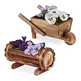 Relaxdays Vasi in Legno, Set 2 Contenitori Carriola & Mezza Botte Portafiori, Rustico, Fioriera Giardinaggio, Naturale