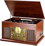 Mersoco Giradischi Vinile Bluetooth con altoparlanti stereo, Convertitore LP da vinile a MP3 con CD, lettore di cassette, radio FM, Aux in e prese per cuffie