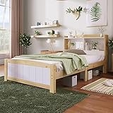 Letto In Legno Massiccio Con Testiera Contenitore E Rete A Doghe Letto Per Giovani Pino Massiccio Letto Per Ospiti Letto Per Bambini Adulto Gioventù Letto Naturale E Bianco 90x200 Cm Senza Materasso