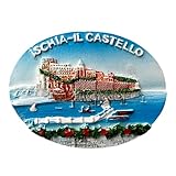 Magnete Decorativo Ischia-Il Castello, Souvenir in Resina 3D, Veduta Panoramica del Castello Aragonese, Paesaggio Marino con Barche