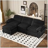Wyibwy Divano a 3 posti, divano ad angolo, divani modulari a L, con doppio cuscino, divano da salotto con rivestimento sfoderabile, tessuto in velluto a coste (Nero)
