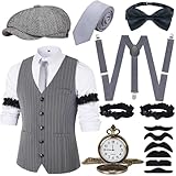 JONRRYIN Vestiti Anni 20 Uomo Accessori, Costume Mafia Anni 1920, Set con Gilet e Vari Accessori per Halloween, Carnevale (Grigio, S)