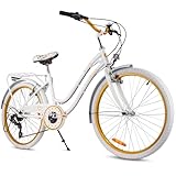 sun baby Heart Bike Bicicletta per bambina 24 pollici Bianco-Oro, 8-12 anni, Bicicletta per ragazza con 7 velocità, portapacchi, parafanghi in metallo, freno a V, paracatena