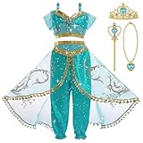 BSBUY Ragazza Costume Vestito Jasmine Principessa, 6 Pezzi Costume da Principessa Jasmine, Jasmine Principessa Abiti Ragazze, con Corona Bacchetta Collana, per Cosplay Compleanno Halloween Carnevale