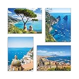 Set 4 Quadri 40x30 cm - Stampa su Tela con telaio in legno - Paesaggi Italiani – Panorama Amalfi, Capri, Napoli, Positano