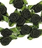 Accessories Attic® - Confezione da 10 mini mini nastri di raso, con boccioli di rosa, motivo foglie, 1,5 cm, colore: nero