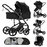 Reenborn Passeggino Trio, Passeggino 3 in 1 con Due Modi Reversibili Spingere, Trio con Design Pieghevole in Un Clic, Trio Passeggino Neonati con Telaio Alluminio Paesaggistico Alto (588 Black)
