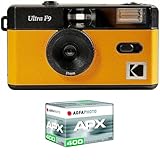 KODAK Pack F9 argento + pellicola 400 ASA – Fotocamera ricaricabile 35 mm giallo, obiettivo grandangolare fisso, mirino ottico, flash integrato + pellicola APX 00, 36 posizioni