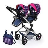 Bayer Design-26254AA Passeggino Gemellare, Carrozzina per Bambole, Regolabile in Altezza, Pieghevole con Borsa a Tracolla, Colore Blu con Unicorno e Cuori, 26254AA