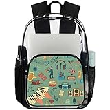Zaino trasparente in PVC resistente, per la scuola, per ragazze, ragazzi, adolescenti, strumenti musicali, con scomparto per laptop, per donne, uomini, lavoro, viaggi, Musica Piano Chitarra Radio,