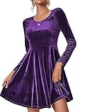 Zeagoo Vestito Donna Invernale Velluto Abito Natalizio Elegante Manica Lunga Girocollo Capodanno Dress Abiti da Sera Autunno Inverno Cerimonia Cocktail Vintage Festa Sera Viola XXL