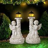 1 coppia di statua della statuetta dell'angelo del giardino con luci solari, statua dell'angelo del cherubino in resina solare con pilastro Roma per l'arredamento del portico, patio, cortile (Stile 1)