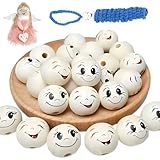 Perline Legno Rotonde Perle,80 Pezzi Perle Rotonde in Legno, 20 mm Perline di Legno Teste di Legno con il Viso per i Vermi Preoccupazione Natura Sorriso Faccia Perline Artigianali Rotondo con Legno