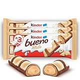 Kinder Bueno White - 6 Snack al Cioccolato Bianco e Nocciola, un Wafer Ripieno di Crema alle Nocciole Ricoperto da Cioccolato Bianco e Granella Meringata al Cacao, 3 Confezioni