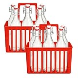 PALUPLUS Set 12 Bottiglie in Vetro da 1 Litro con 2 Cestelli Portabottiglie, Bottiglia Vintage Costolata, Porta bottiglie in Plastica a 6 Scomparti con manico per trasporto -8636/8689-11,7 (Rosso)