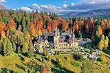 Immagine composita in alluminio 90 x 60 cm: Castello di Peles, Sinaia, Distretto di Prahova, Romania: Vista drone del famoso castello Neo-Rinascimento nei colori autunnali, il (186342254)
