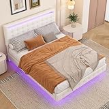 Oxtao Letto imbottito con illuminazione a LED, 140 x 200 cm, letto matrimoniale con testiera regolabile, struttura in ecopelle, senza materasso (bianco)