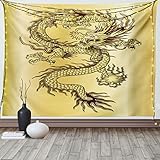 ABAKUHAUS Drago Arazzo, Cinese Orientale Mito, Tessuto Parete Appeso Decorazione per Camera da Letto, Soggiorno, dormitorio, 150 x 110 cm, Senape e Nero