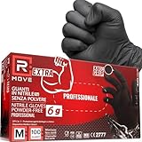 R MOVE 100 guanti in Nitrile NERI 6 grammi EXTRA RESISTENTI 60% di SPESSORE in più al dito rispetto al 3,5 gr NO polvere NO lattice per Meccanici, Tatuatori, Ristorazione, Guanti monouso (M)