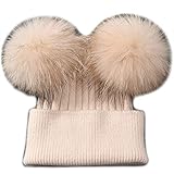 Brillabenny Cappello Cuffia Cashmere Pelliccia Vera Doppio PON PON Cappellino Donna Inverno Hat Fur Murmasky (Adulto, Crema)