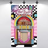 Nuenen Striscione di Sfondo a Tema Jukebox Banner per Festa di Sock Hop degli Anni '50 Copri Porta in Stoffa a Tema Rock 'n Roll Decorazioni per Compleanno Mistero Omicidio, 180 x 90 cm
