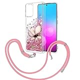 EuoDuo Cover Collana per Samsung Galaxy A52s 5G / Galaxy A52 Custodia Glitter Brillantini Cuore Sabbie Mobili TPU Silicone Protettivo Cellulare Cordino Case Donne Ragazze - Rose Fleur