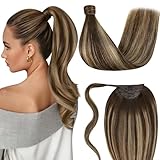 LaaVoo Coda Capelli Extension Veri Umani Lisci Con Clip Coda Extension Capelli Veri Naturali Balayage Marrone Scuro Mix Biondo Caramello 30 cm 70g #4/27/4