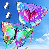 Lubibi 2 pcs Aquilone Bambini e Adulti,Aquiloni Colorati Facili da Far Volare,Aquiloni Farfalla,con corda per aquilone e manico,per Bambini e Adulti Principianti,100*72CM-Con una lunga coda di 145 CM