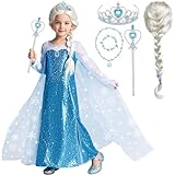 Tacobear Vestito Elsa Bambina Costume Principessa Ragazze con Parrucca di Elsa Corona Bacchetta Magica Principessa Fancy Dress per Compleanno Partito Cosplay Natale Halloween Carnevale (140)