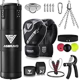 ASBRAVO Sacco da Boxe per Adulti Set Completo, 120cm Sacco da Punching Pesante con Guantoni da 12 oz, Bende per Mani 5m, per MMA Karate Taekwondo Boxe Allenamento Casa Palestra - Da Riempire