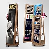 S'bagno SBAGNO Specchio Portagioie con LED, Specchio Contenitore con Chiusura, Ampia Capacità di Stoccaggio, Rotazione a 360°, 3 Ripiani, Superficie Marronea, Rivestimento in Velluto Nero