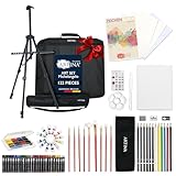 Artina Set per Pitturare XXL Michelangelo 111+11 unità: Cavalletto da campo o da tavolo, Colori acrilici, Pennelli, Pastelli, Acquerelli, Tela etc. - Kit Pittura e Disegno per adulti e bambini