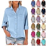 Camicia a maniche lunghe da donna in cotone e lino, estiva, a maniche lunghe, taglie grandi, elegante, con bottoni, per il tempo libero, leggera, con tasche, Celeste., 3XL