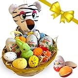 Regalo Pasqua 2025 - Cestino Vimini + 3x20gr Uova Kinder Sorpresa Maschio + Tigre + Mini Uova e Coniglietto di Polistirolo Decorazioni Pasquali