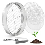 Zoelele Setaccio Terreno per Giardinaggio, Setaccio Terreno in Acciaio Inox da 12 Pollici con 5 Schermi Fine Sostituibili, Guanti e Pala, Setaccio Sabbia, 3mm, 5mm, 8mm, 10mm, 12mm (Argento)